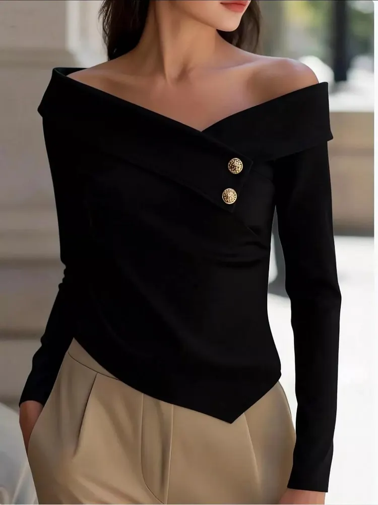 Off-Shoulder Button Detail Blouse