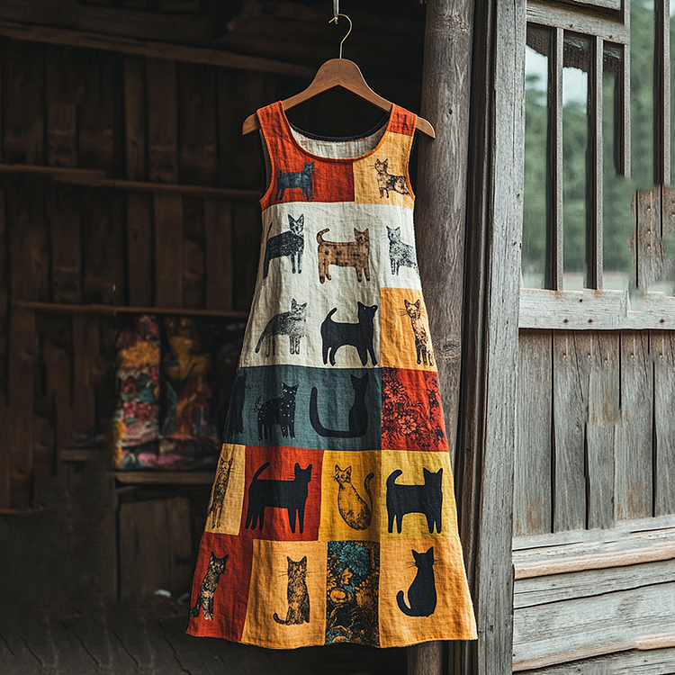 Simpfit Pop Art Süßes Katzen Patchwork Design Baumwoll-Leinen Slingkleid