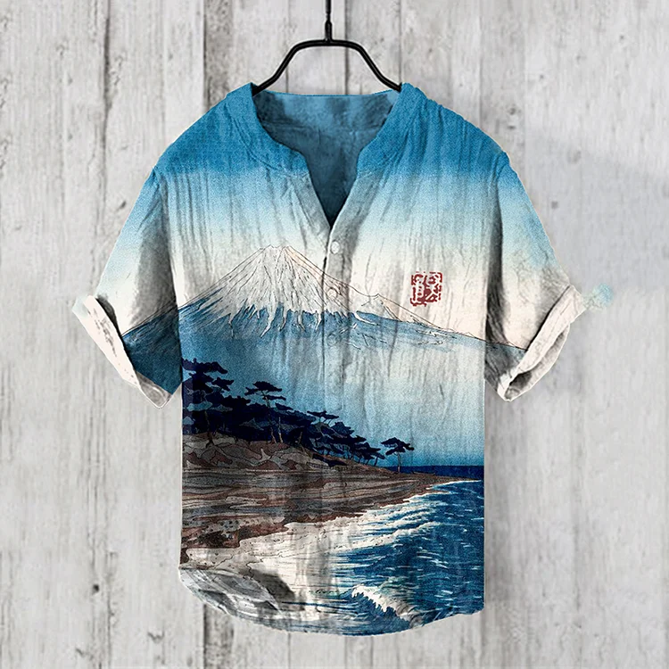 Japanese Retro Mount Fuji And Beach Art Linen Blend Shirt