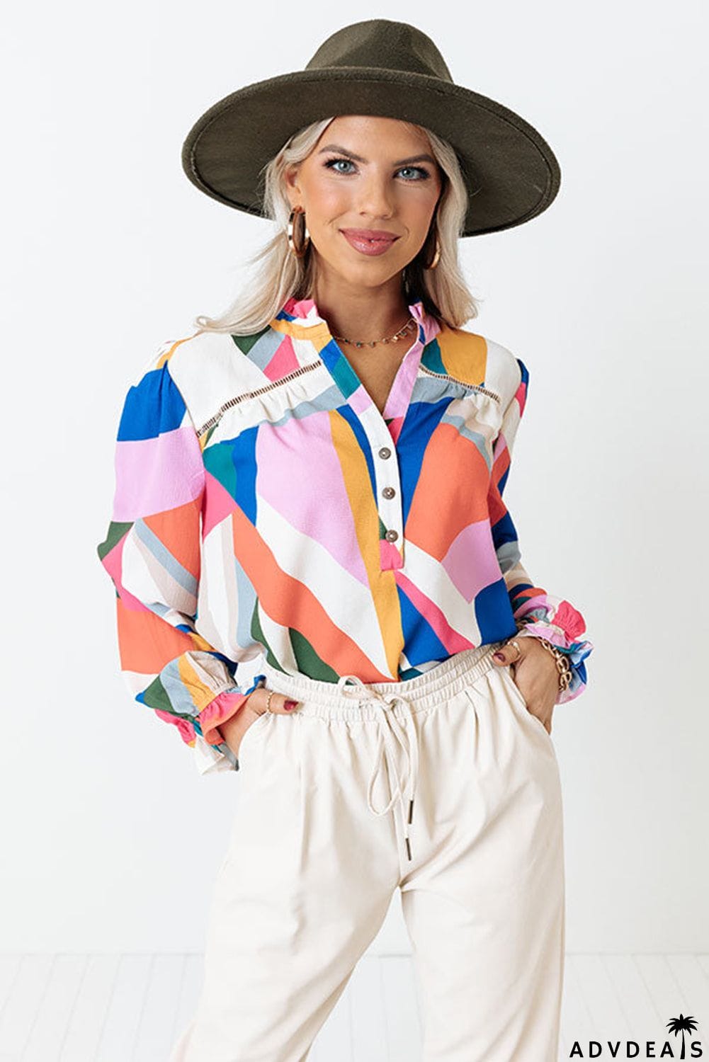 Geometric Patchwork Print Half Buttoned Blouse