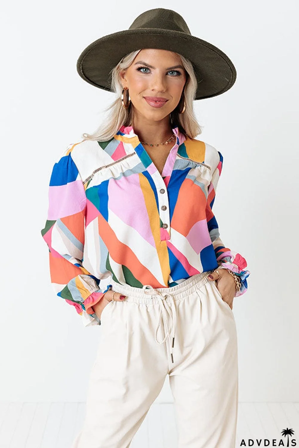Geometric Patchwork Print Half Buttoned Blouse