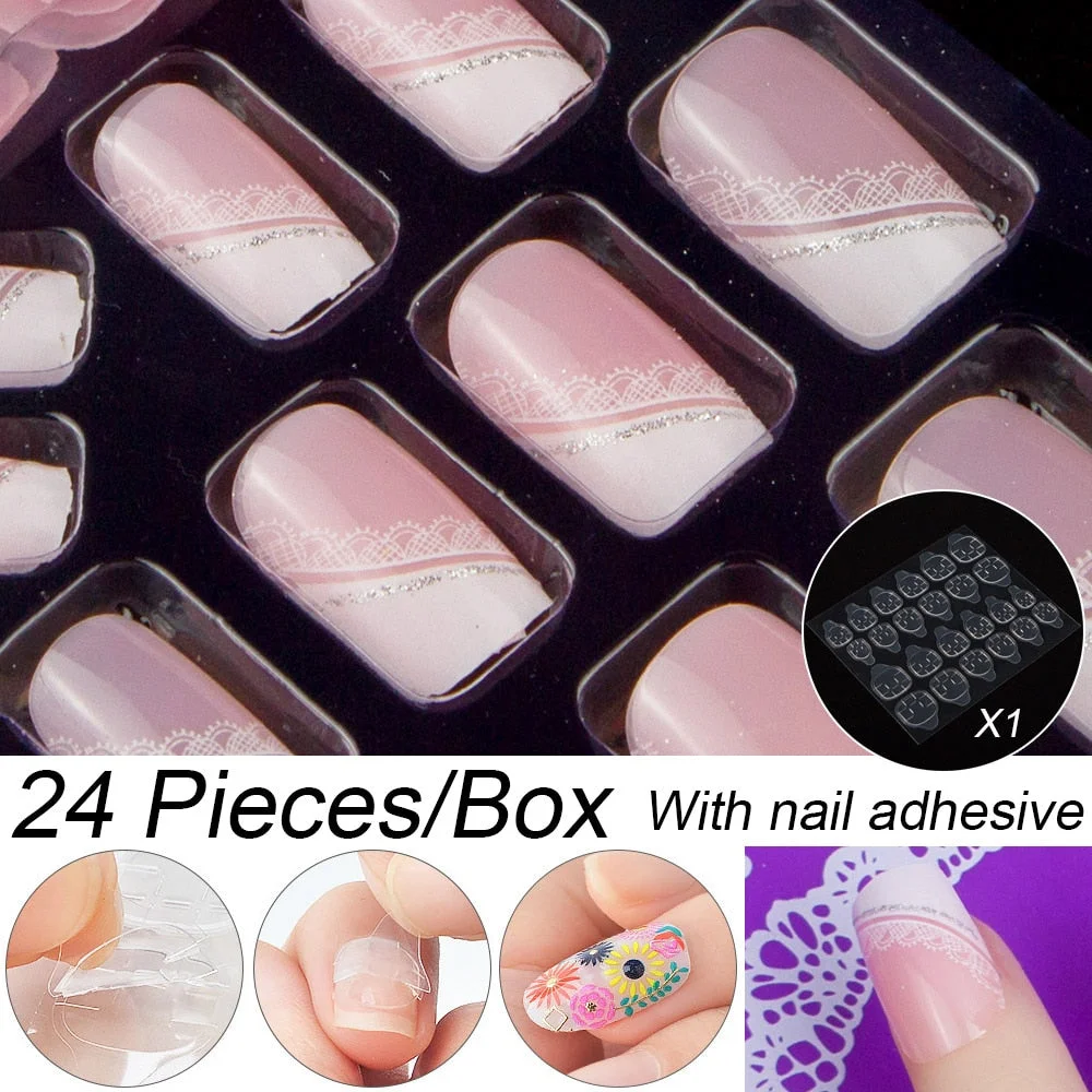 Fashion 24pc/set 10 Sizes Fake Nails Full Cover French False Nail Tips With Double-Sided Nail Adhesive Tab Press On Nails Art-Nail Inspo