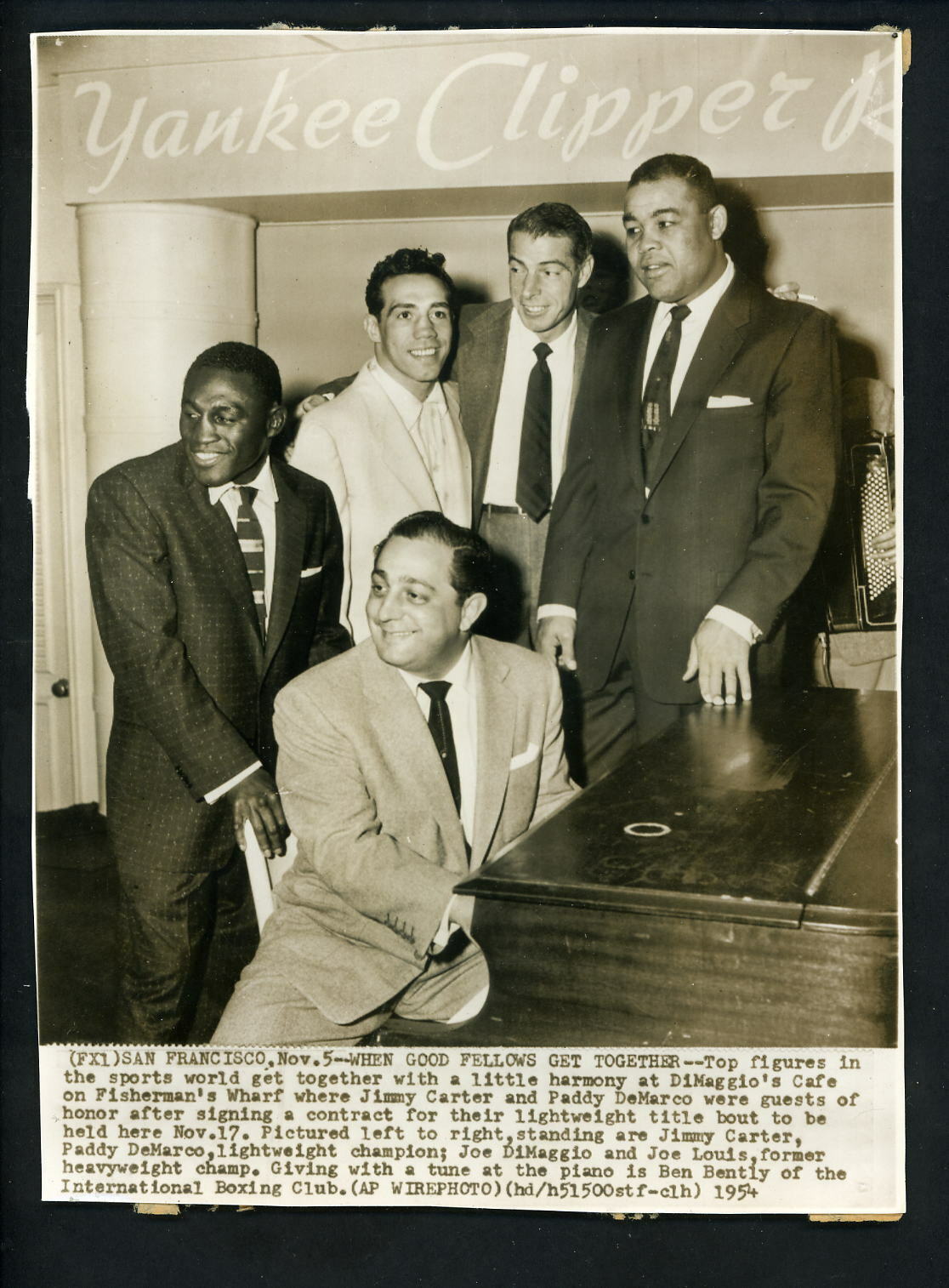 Joe Louis & Joe D. at DiMaggio's Cafe at Fisherman's Wharf 1954 Press Photo Poster painting