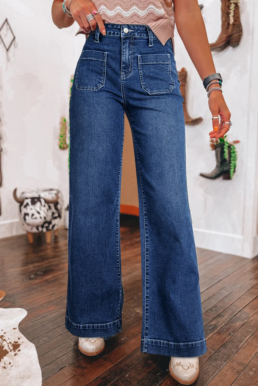 Women's 2025 Dark Blue High Rise Wide-leg Jeans Retro Cowgirl Straight-leg Pants