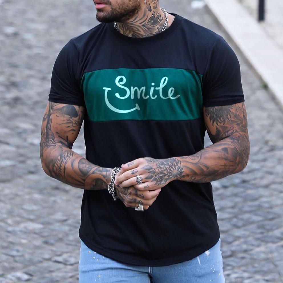 Men's Casual Fashion Smiley Print Color Contrast Slim Fit T-shirt、、URBENIE