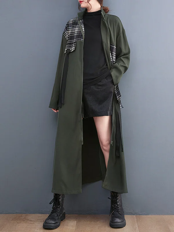 Original Long Sleeves Contrast Plaid Zipper Stand Collar Outerwear