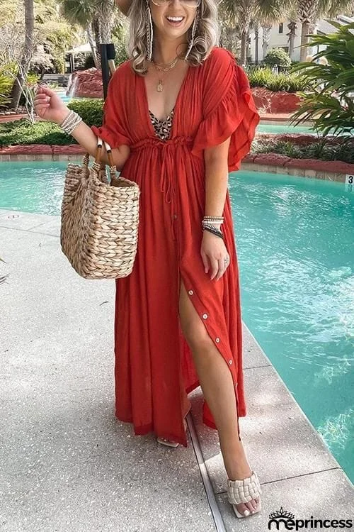 Button Drawstring Waist Bat Maxi Cover Dress