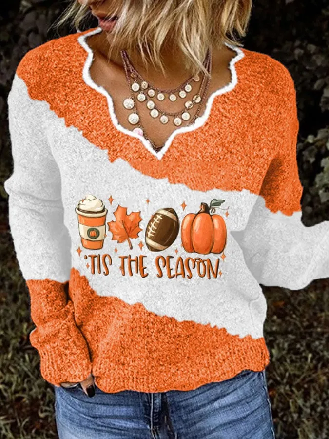 V Neck Color Block Football Tis The Season Pumpkin Maple Leaf Print Knit Tops 