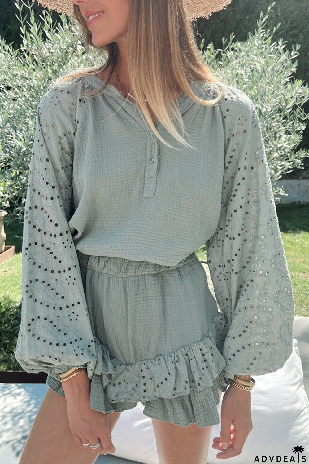 Green Eyelet Arm Ruffled and Shorts Raglan Top Set