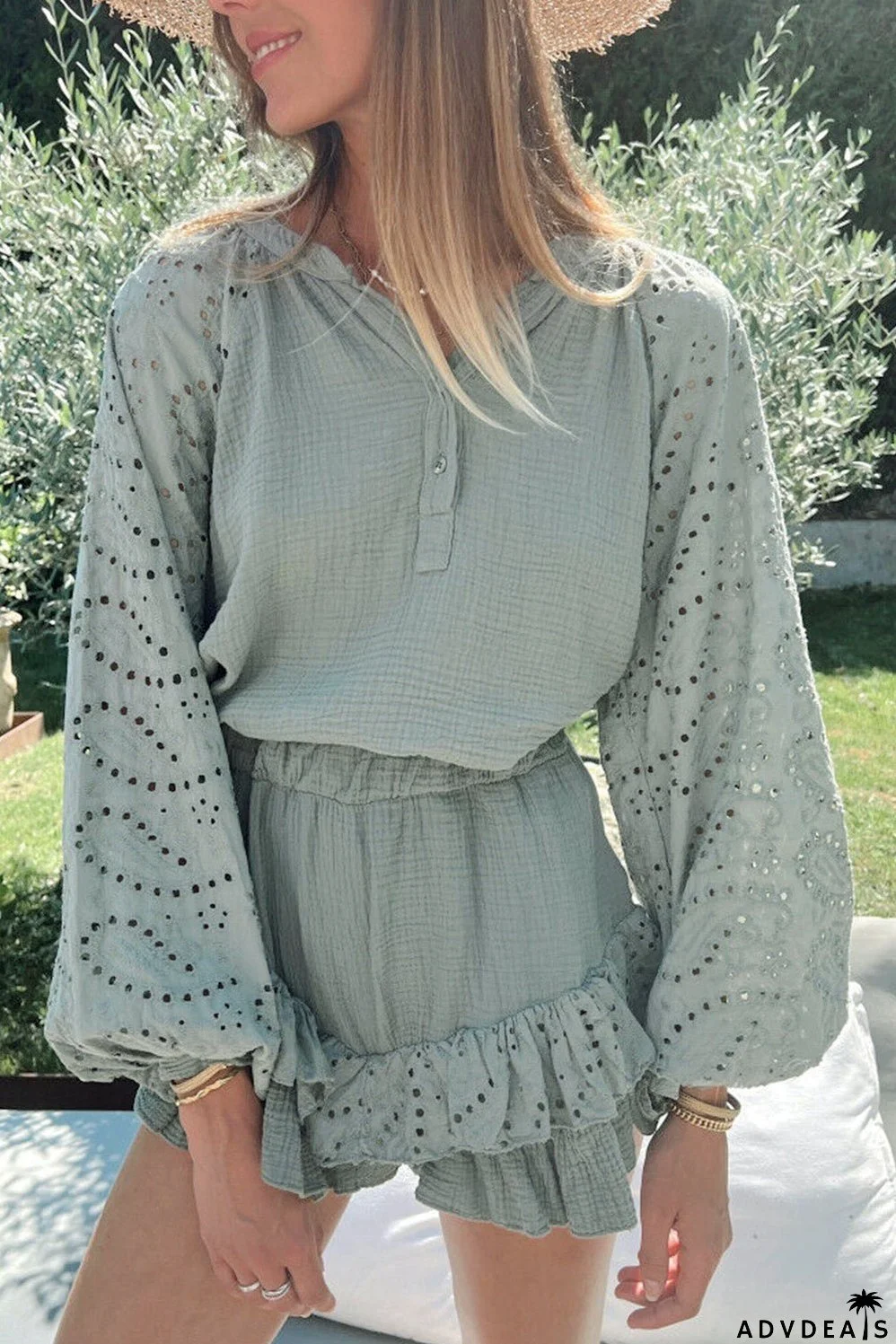 Green Eyelet Arm Ruffled and Shorts Raglan Top Set