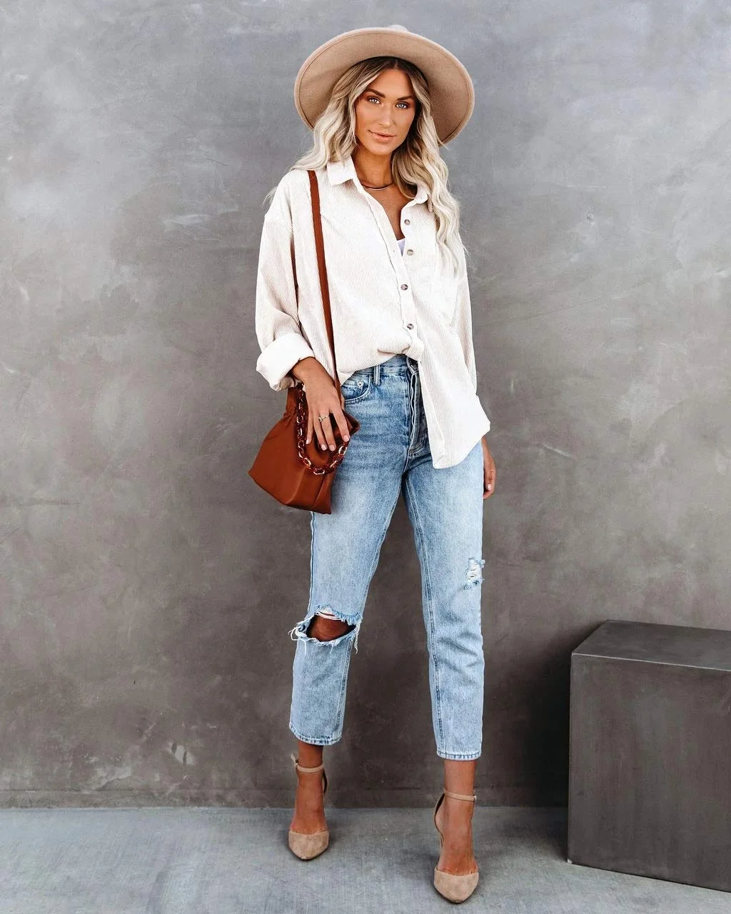 MIHOLL Women Corduroy Long Sleeve Button Down Collared Shirt Jacket Tops