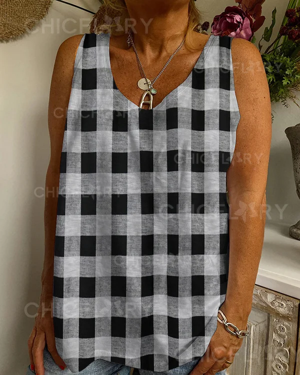 Casual Check Pattern Vest Cotton Top