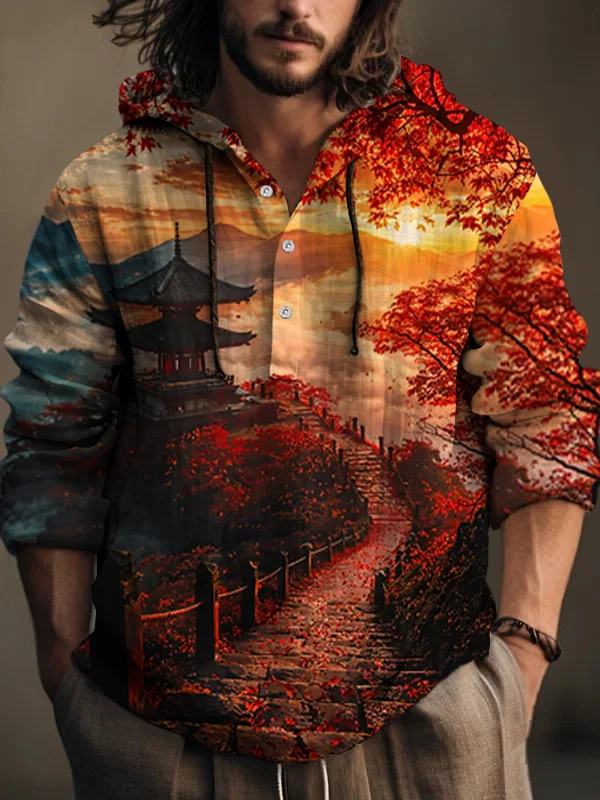 Men's Vintage Japanese Art Sunset Landscape Print Hooded Shirt