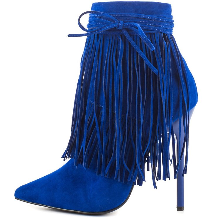 Royal Blue Suede Fringe Boots Stiletto Heel Ankle Boots |FSJ Shoes