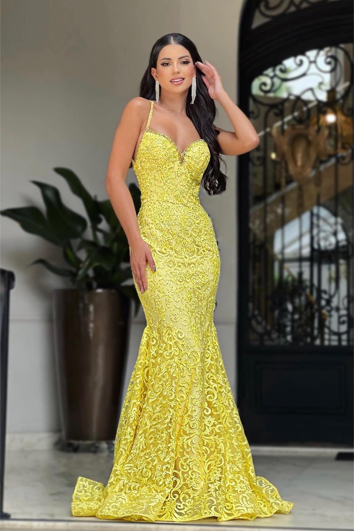 Lvs&Broner Chic Yellow Spaghetti Strap Sweetheart Sleeveless Long Mermaid Prom Dress