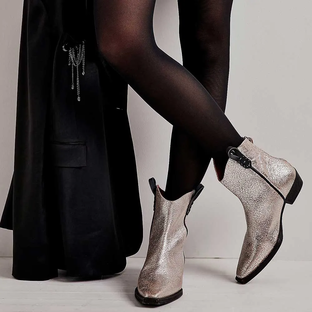 Silver Metallic Closed Pointed Toe Back Zipper Cowboy Boots for Women