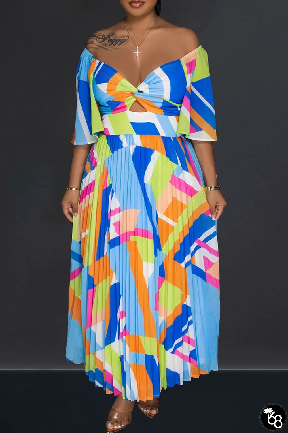 Elegant Print Patchwork Pleated Off the Shoulder A Line Dresses | 168DEAL