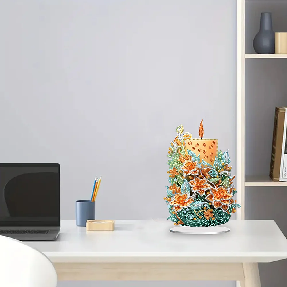 DIY Flowers Candle Acrylic Diamond Painting Tabletop Ornaments Kit for Office Desktop Decor
