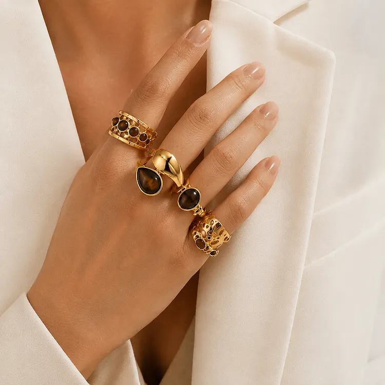 5-Piece Vintage Gold Tiger Eye Ring Set &ndash; Boho Statement Rings, Brown Gemstone Stackable Jewelry for Women