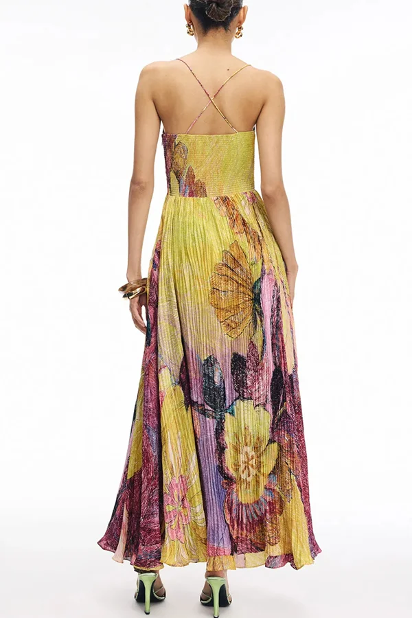 Vibrant and Bold Floral Print Sweetheart Neck Pleated Maxi Dress