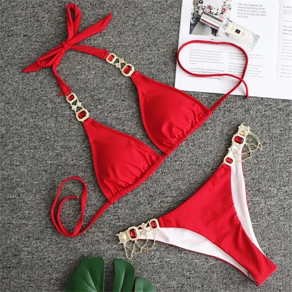Uveng Uveng 2023 New Sport Bikini Sexy Crystal Diamond Bandage Red Split Female Swimsuit