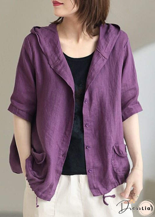 Vintage Coffee Hooded Pockets Cinched Button Patchwork Linen Coats Summer