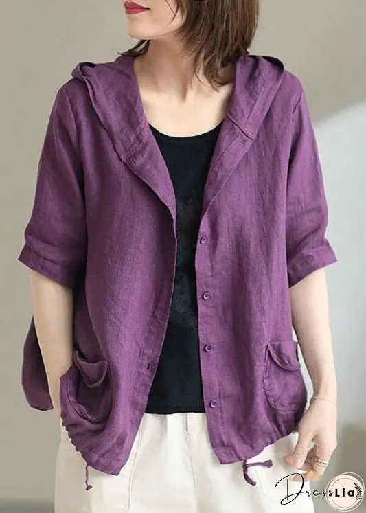 Vintage Coffee Hooded Pockets Cinched Button Patchwork Linen Coats Summer
