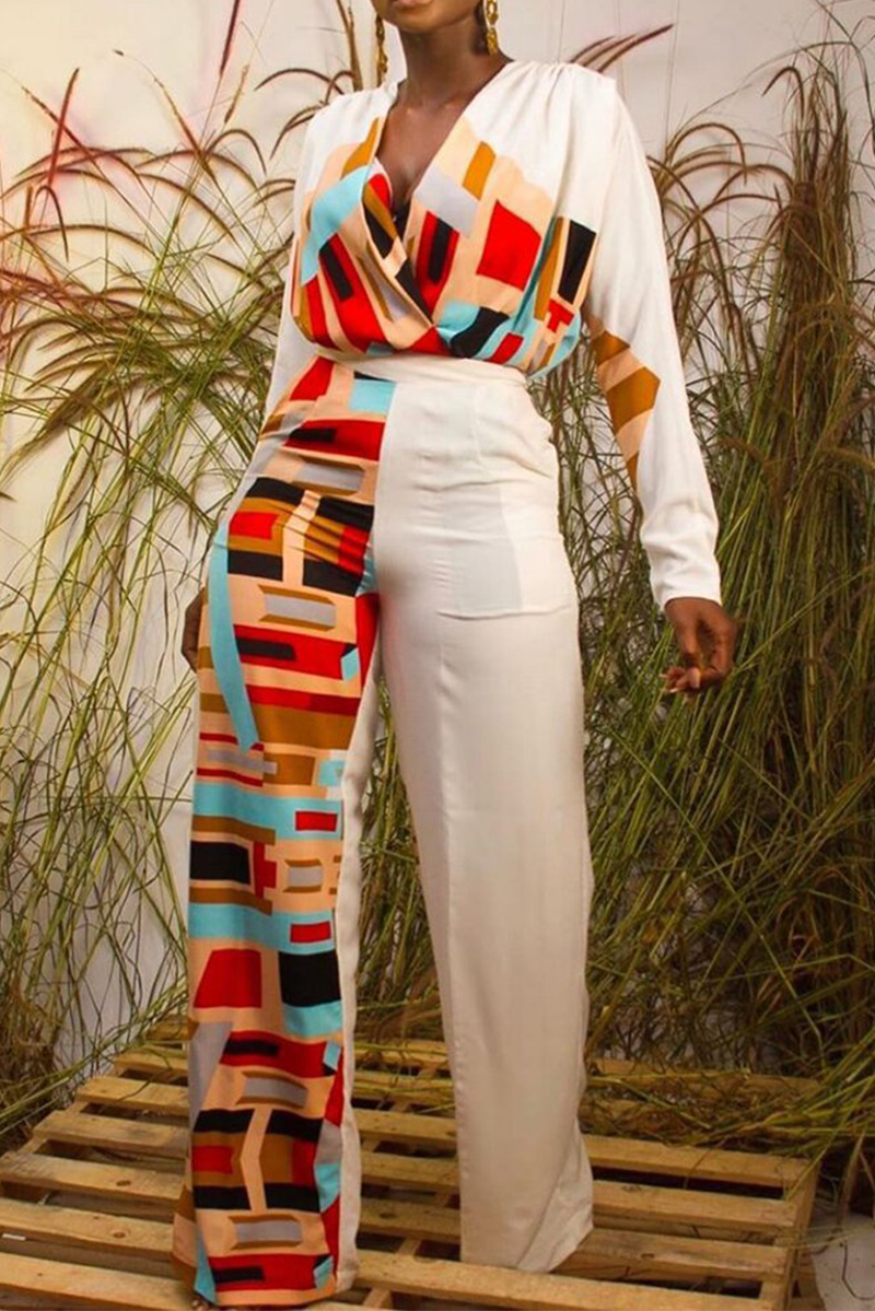 Casual Print Split Joint V Neck Straight Jumpsuits