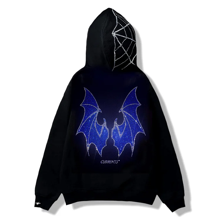 Y2K Rhinestone Cobweb Full Zip Up Oversized Sweatshirt Goth Hoodie Streetwear at Hiphopee