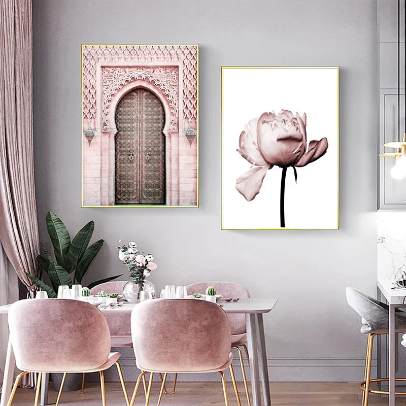 Islamic Wall Art Canvas Mural Muslim Poster Arabic Pink Floral Print Hanging Painting Modern Mosque Minimalist Quote Room Decor 515