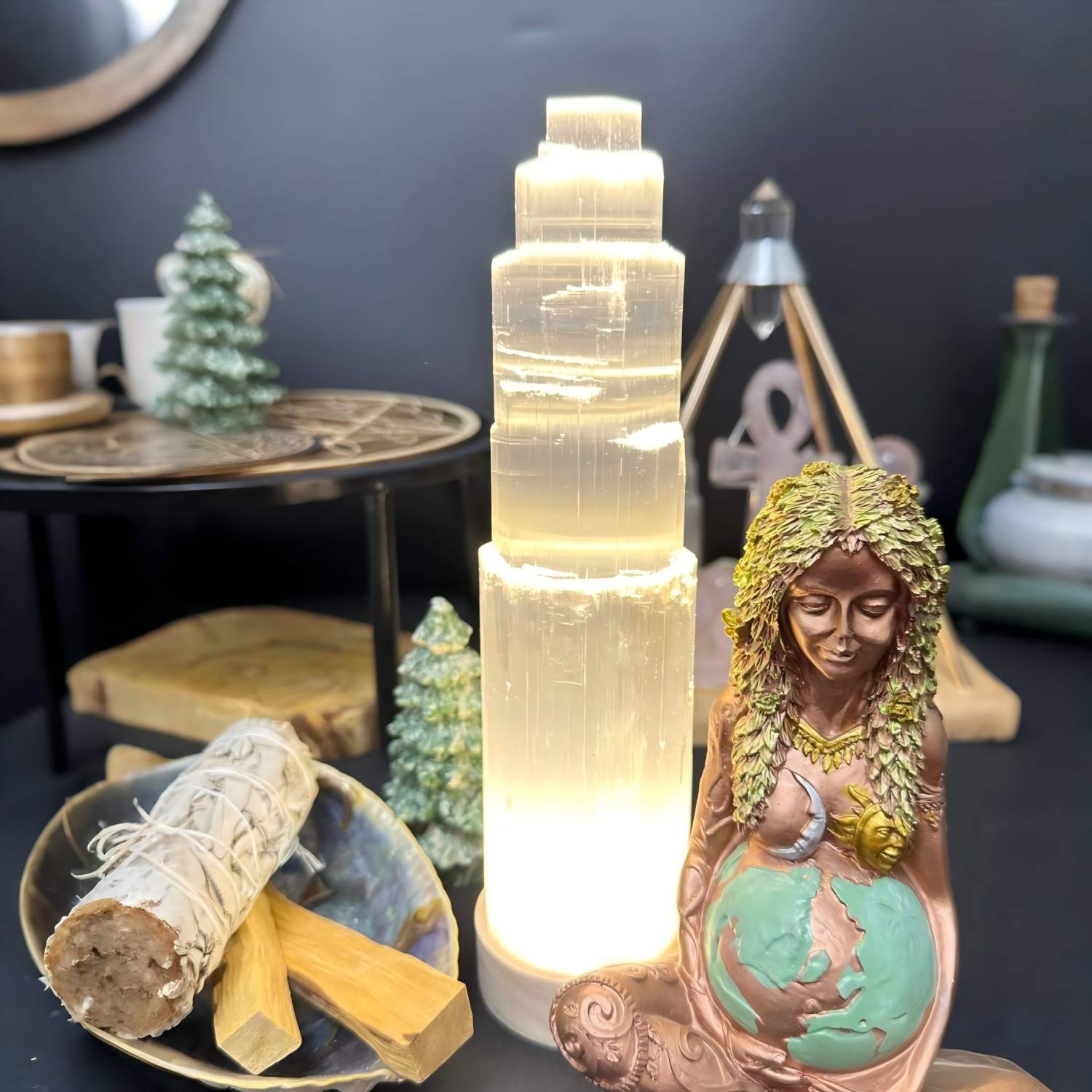 Selenite tower meditation corner decor