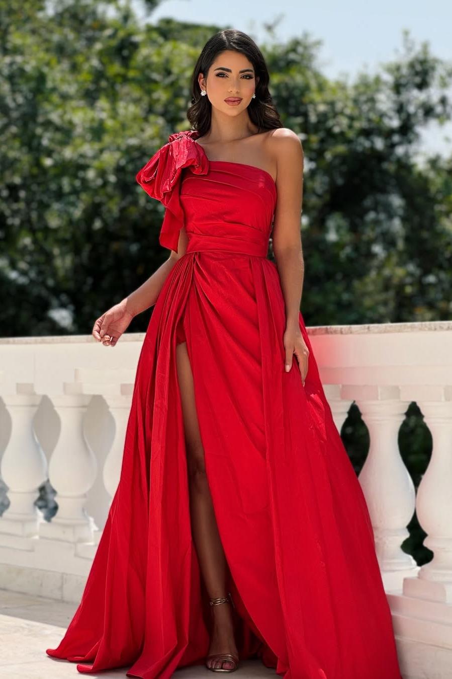 Elegant Red Satin Sleeveless One Shoulder Pleated Prom Dress with Split | MS0413 
