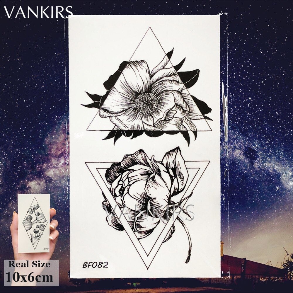 Gingf Tattoo Stickers Women Geometric Black Fake Tattoo Flower Ear Small Waterproof Tatoos Girls Triangle Rose Summer Style