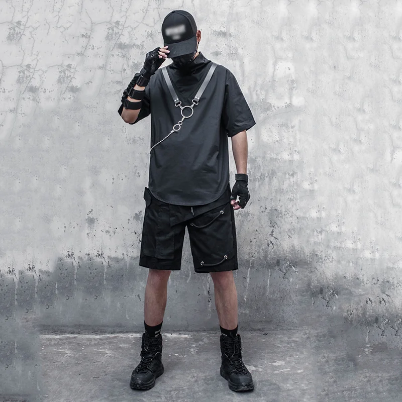 Dark Black Niche Functional Wind Tooling T-shirt Men's Chain Decoration Loose Short-sleeved Top Techwear Shop