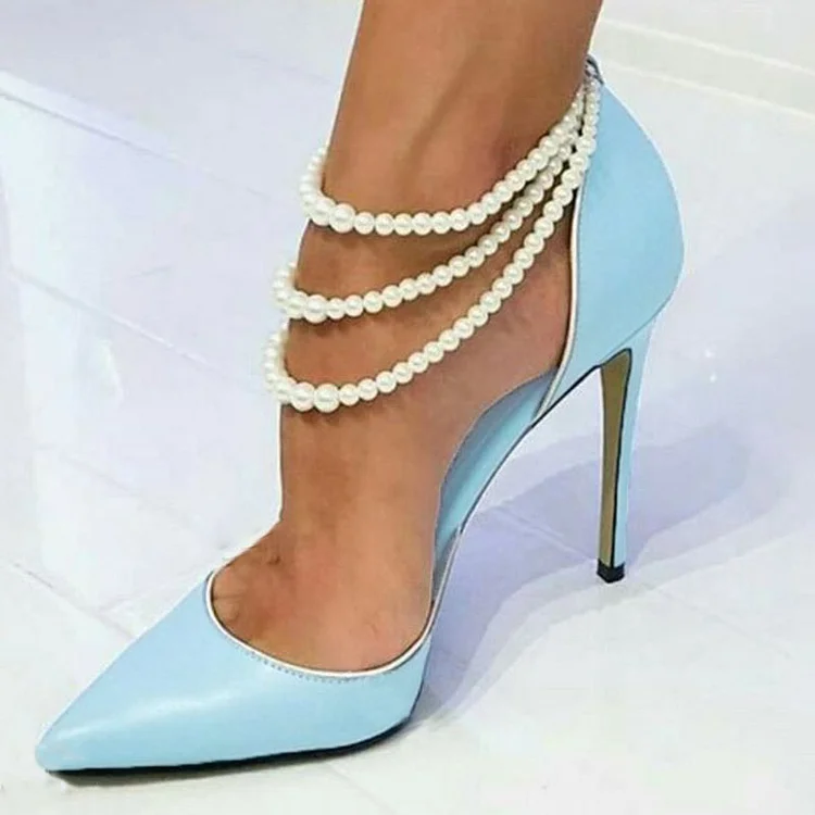 Light Blue Stiletto Heels Pearl Chain Ankle Strap Party Pumps Shoes |FSJ Shoes