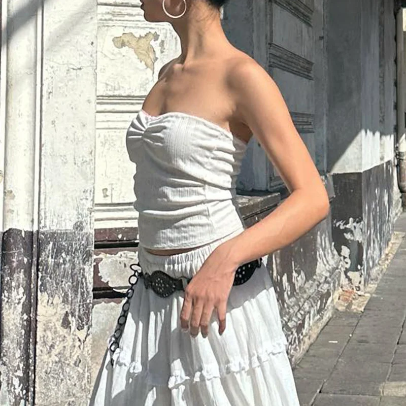 Uveng Uveng Temperament French Sweet Sexy Two-Piece 2023 Summer New Women's Wear A Word Shoulder Wipe Chest Half Skirt