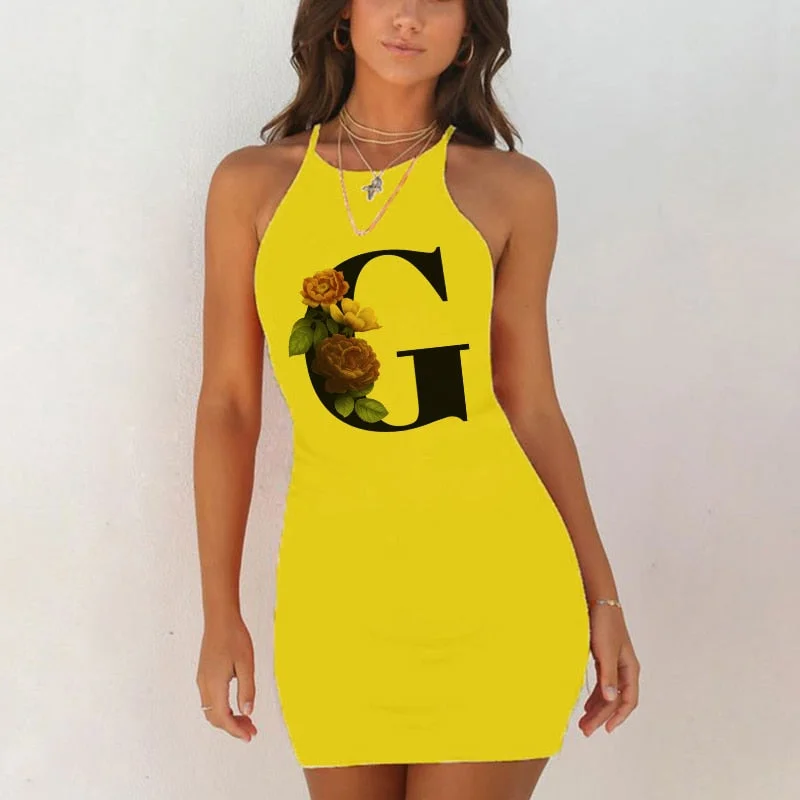 Spaghetti Camisole Mini Short Dress Women Plus Size Bodycon Dress Summer Sexy Sleeveless 26 Letter Print Party Club Dresses 2021