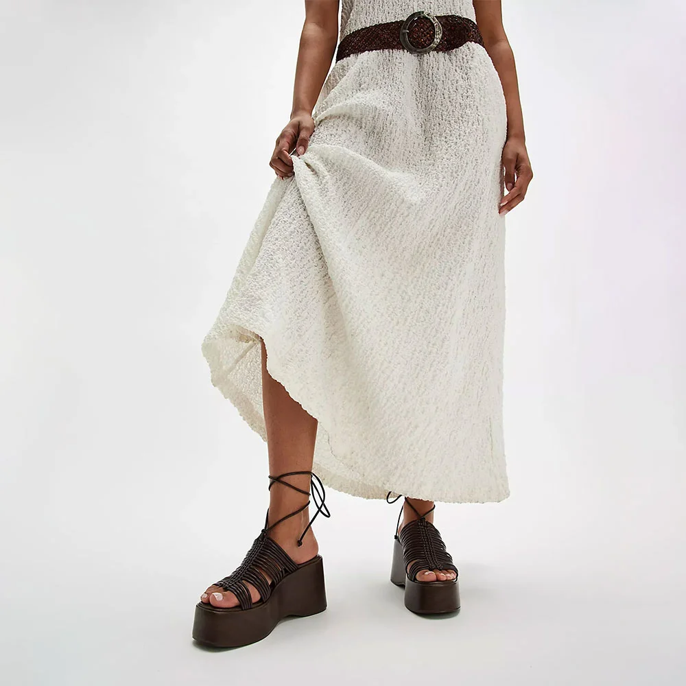 Brown Faux Leather Round Toe Wedge Heel Strappy Lace Up Platform Sandals