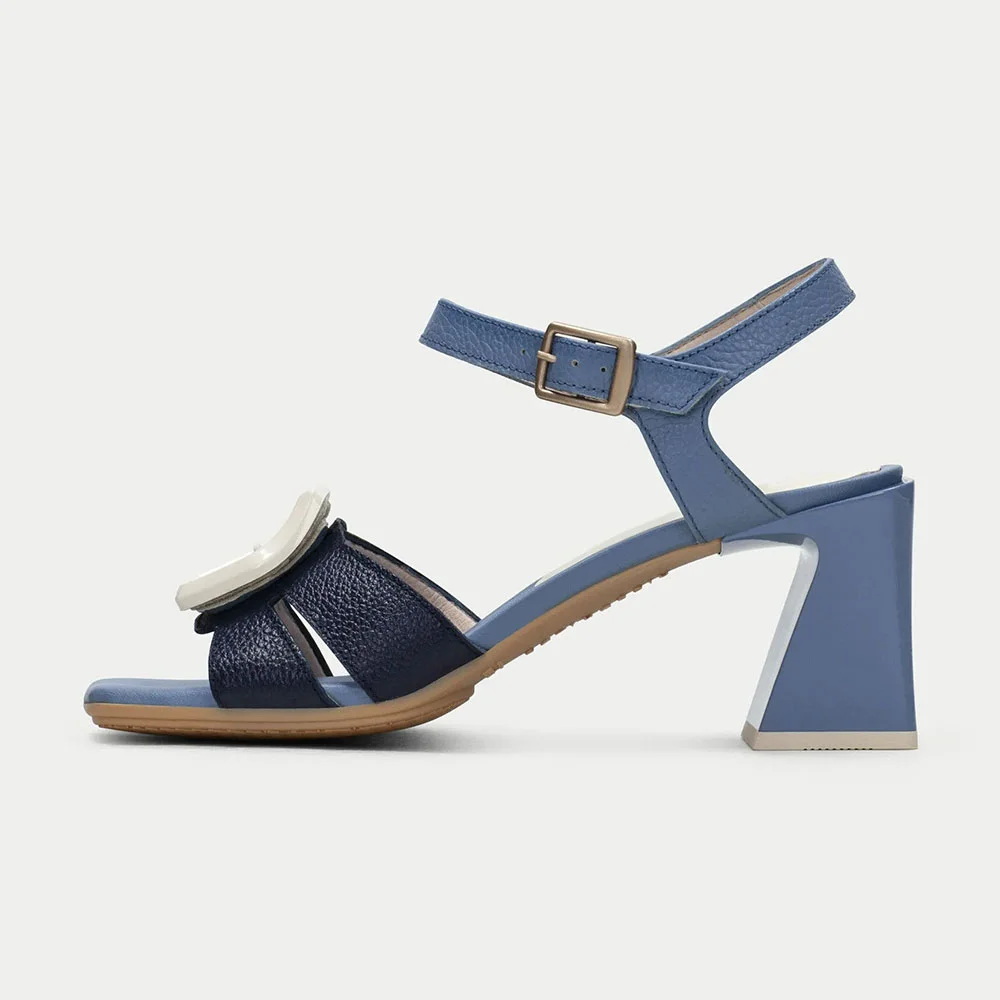 Blue & Navy Square Toe Chunky Heel Ankle Strap Sandals with Buckle