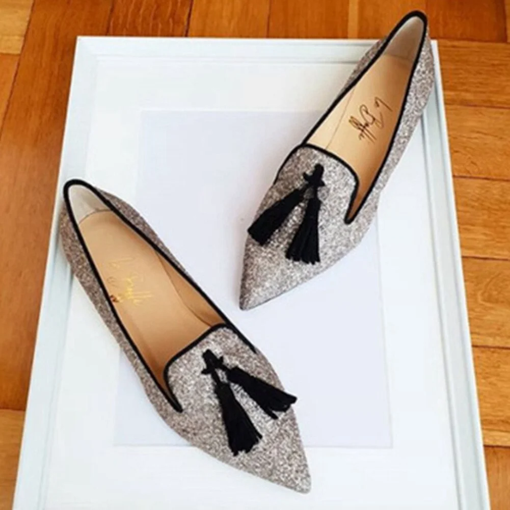 Breakj Pointed Toe Flat Shoes Elegant Low Heel Fringe Mules Women New Brand Concise mxed-color Mules