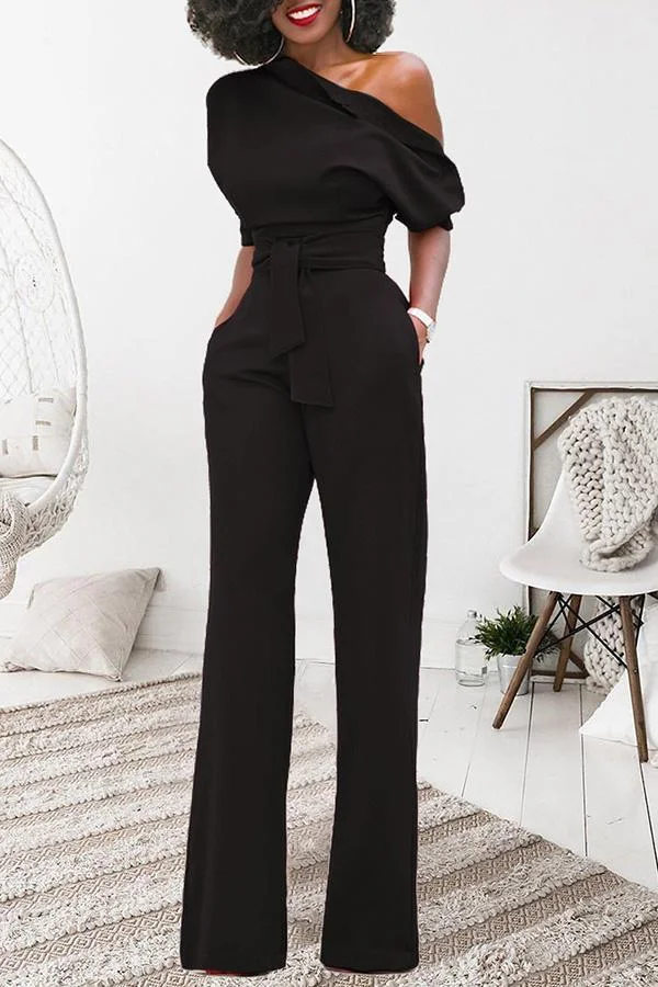 Classic Solid Color Diagonal Belt Jumpsuit