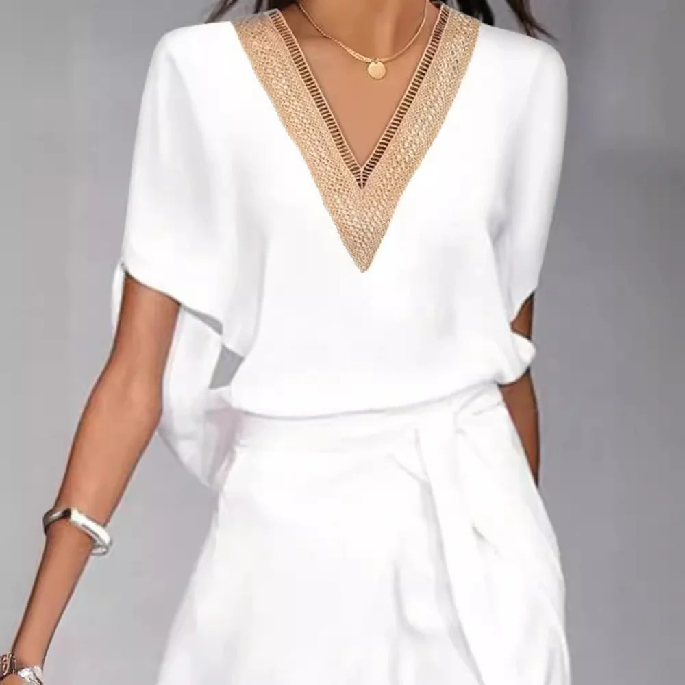 Wongn Wongn Summer Fashion Mature Women's Lace Lace V Collar Tie With Slit Casual Dress