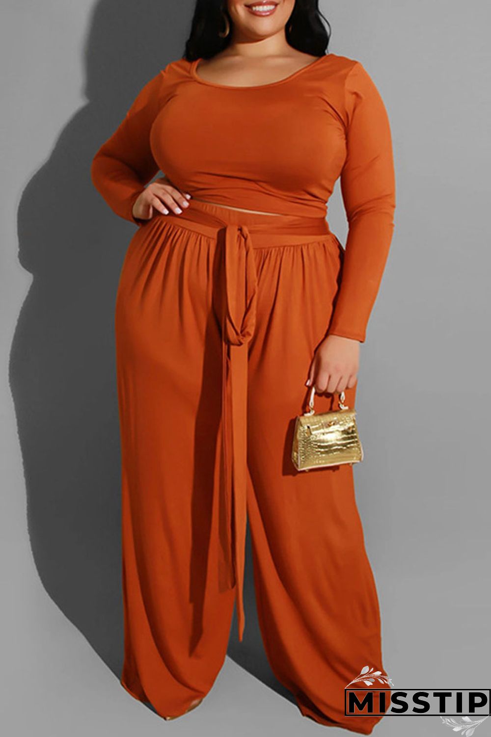 Brown Casual Solid With Belt O Neck Plus Size Two Pieces