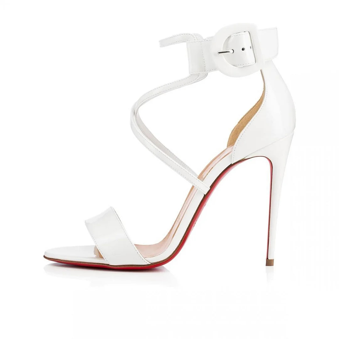 100mm Women's Red Bottom Open Toe Sandals Ankle Strap High Heel Patent Summer Party Wedding Shoes-MERUMOTE