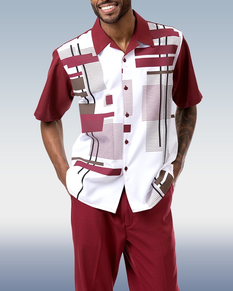 suitmens-Burgundy Geometric Print Walking Suit 2 Piece Short Sleeve Set