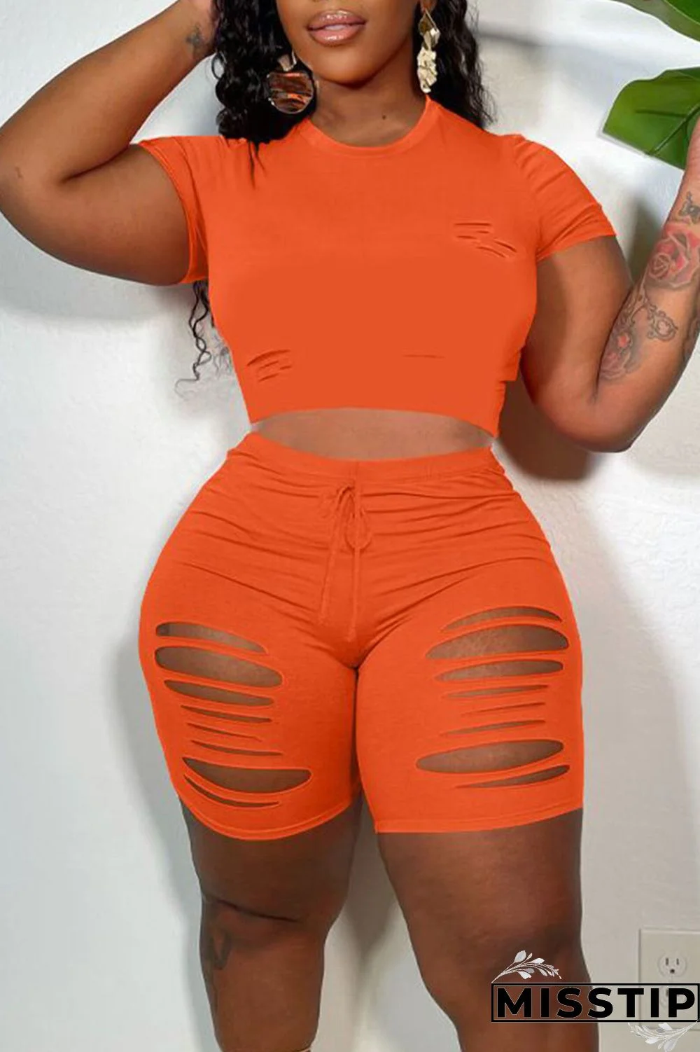 Black Casual Solid Ripped Patchwork O Neck Short Sleeve Two Pieces