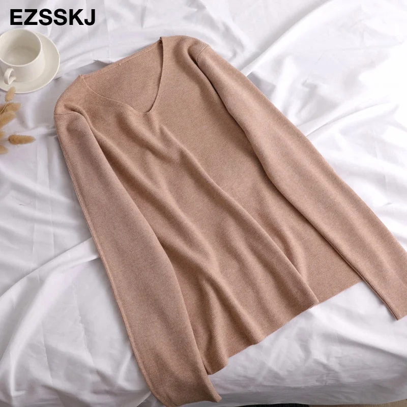 chic casual Autumn Winter Basic  v-neck Sweater pullovers Women 2021 loose Knit  Pullover female Long Sleeve Khaki Sweater