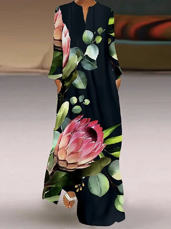 Roomy Flowers Leaves Print Contrast Color Long Sleeves Maxi Dress