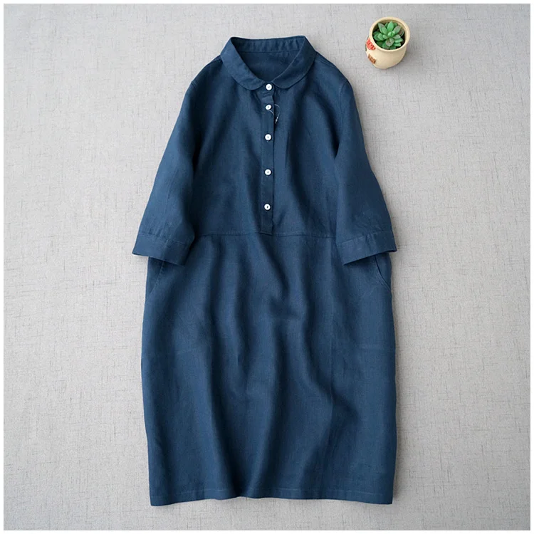 Summer cotton and linen three quarter sleeve casual dress