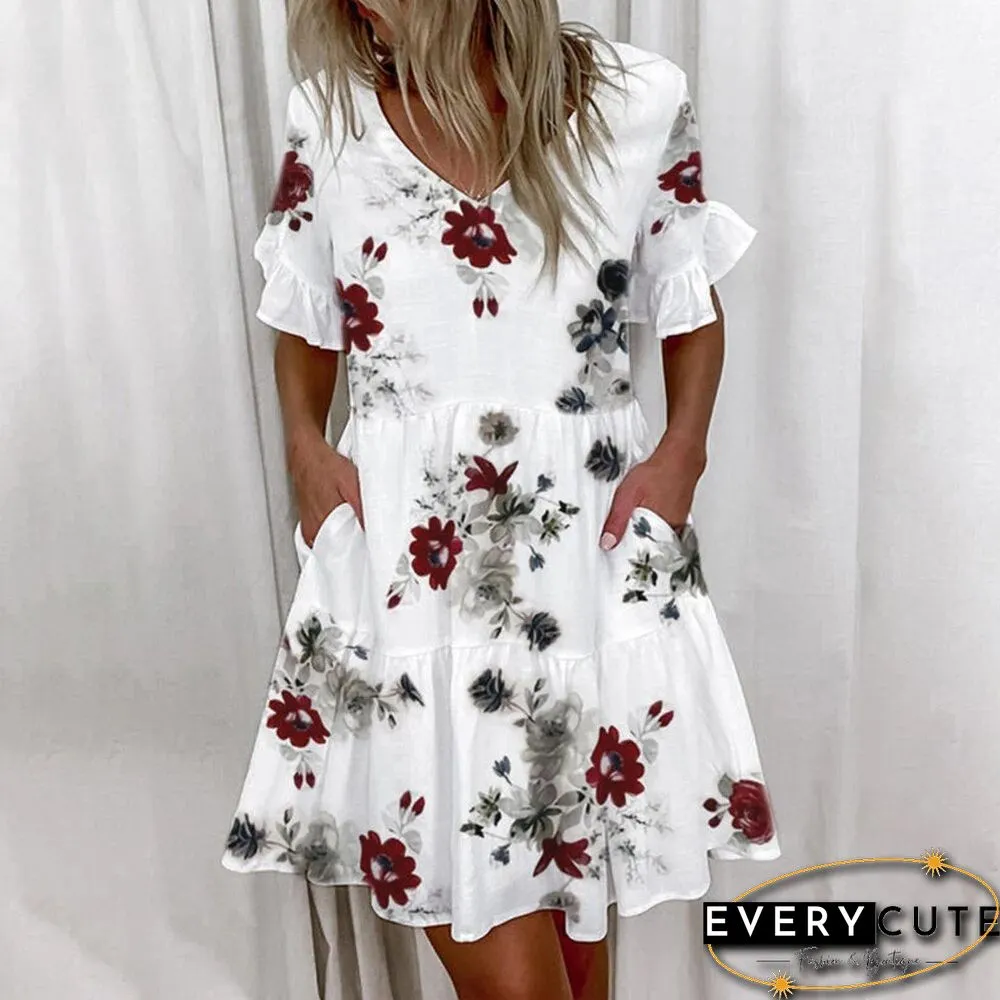 Womens Vintage Mini Dress-Summer Fashion-Elegant V-Neck-Floral Print Patchwork